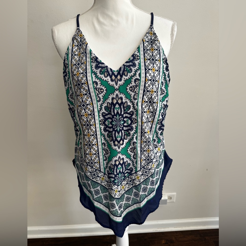 BCX Geometric Green and Navy Lined Camisole